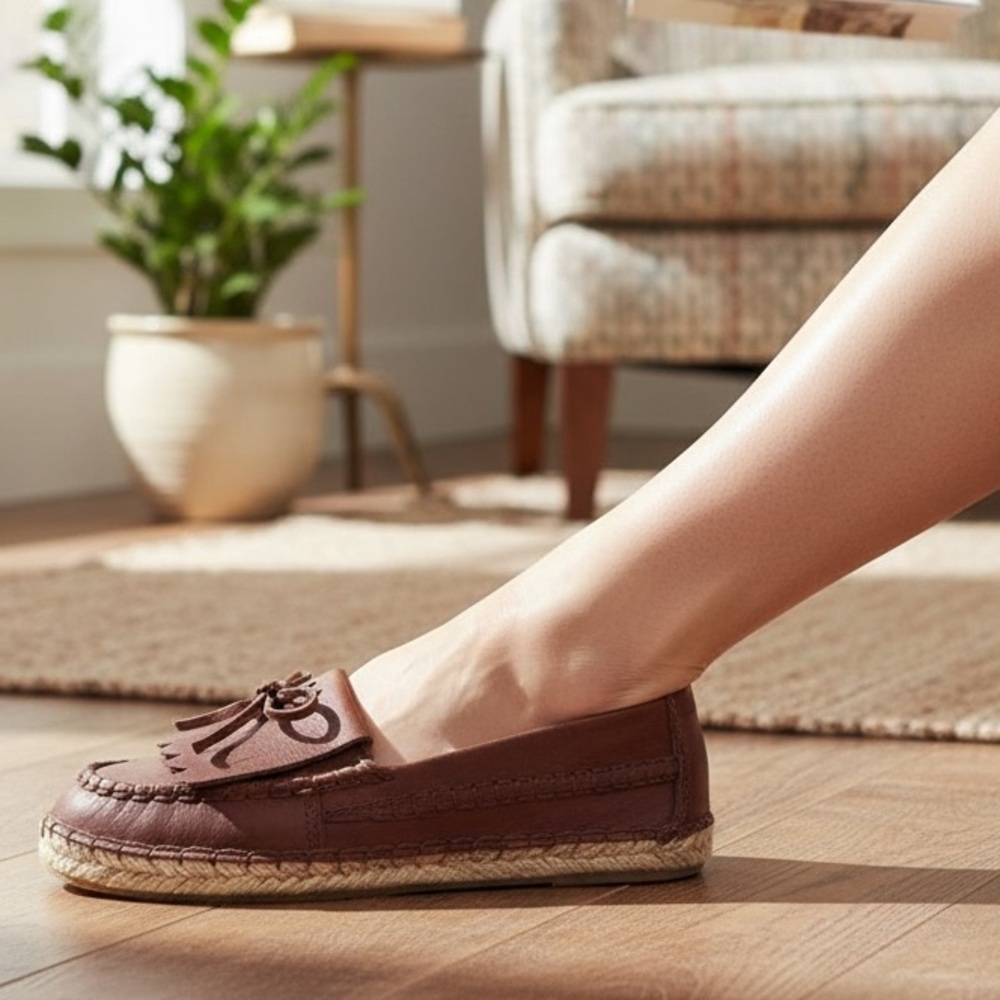 Passport Brown Leather Espadrille Loafers with Fringe and Bow-tie